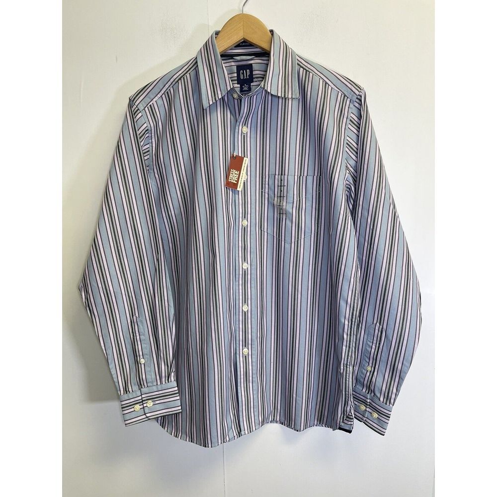 Gap Classic Fit Men's Shirt Size S 14-14.5 Striped Grey Purple Long Sleeves